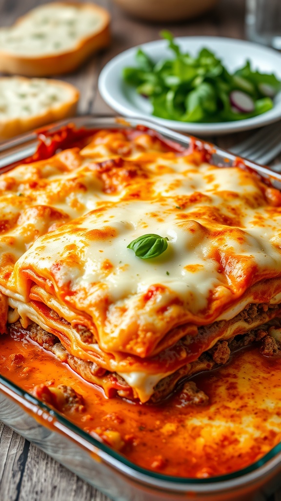 A layered lasagna with meat sauce and cheese, garnished with basil, on a rustic table with garlic bread.